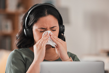 Image showing Woman, sick and blowing nose in work from home office for allergies, cold virus and flu risk of telemarketing consultant. Female virtual assistant, sales agent or sneeze at laptop for allergy problem