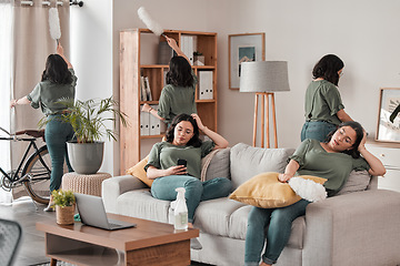 Image showing Woman, cleaning home and living room composite to remove dust, bacteria and dirt for health, wellness and hygiene. Chores, collage and person with housework, service and maid relax with phone on sofa