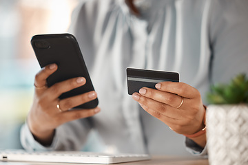 Image showing Woman, credit card and hands with phone in office for finance, business accounting and banking password. Closeup of worker, mobile money and internet payment for online shopping, fintech and trading