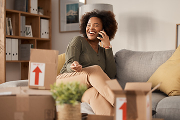 Image showing Phone call, boxes and woman in new home, real estate and property investment with online communication. Conversation, talking and happy african person for moving services in living room, sofa or home