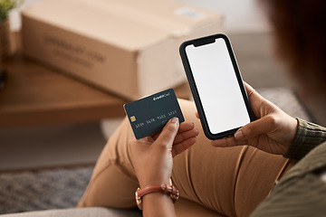 Image showing Hands of woman, credit card and mockup phone screen for online shopping, digital payment and fintech account at home. Closeup, banking app and mobile space for money, web sales and financial password