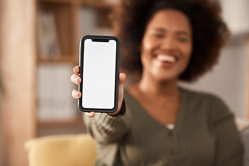 Image showing Phone screen, mockup and app, advertising and woman with smartphone in hand, communication and website ads. Logo design, tech marketing and contact info, female ambassador with UX and social media