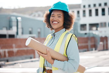 Image showing Portrait, solar engineer and woman in city on rooftop for career in renewable energy. Face, architect and confident developer, contractor smile and happy worker in South Africa with blueprint outdoor