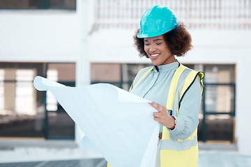 Image showing Smile, engineer and woman with blueprint in city for construction, building design or development. Happy, architect and African developer with document, illustration or reading paperwork for planning