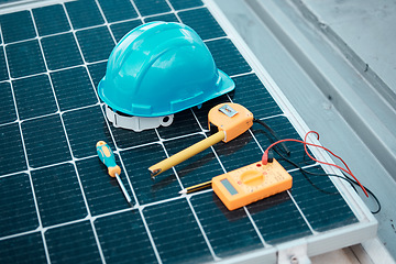 Image showing Solar panels, tools and helmet, maintenance and clean energy with natural power supply and electricity. Sustainability, eco friendly technology and construction, technician equipment and photovoltaic