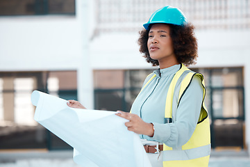 Image showing Idea, engineer and woman with blueprint in city for construction, building design or development. Thinking, architect or African developer with document, illustration or vision for paperwork planning