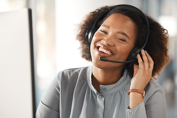 Image showing Woman, portrait and call center with smile in office, headphones and microphone for young crm. African girl, customer care expert and listening for technical support, help desk and telemarketing job