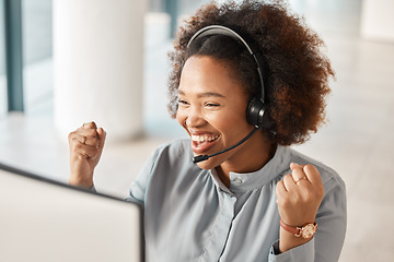 Image showing Business woman, telemarketing and celebrate at computer for winning, sales bonus or call center goals. Happy female consultant with pride of success, achievement or fist of good news at desktop