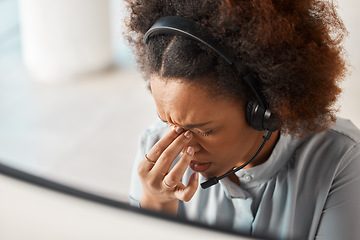 Image showing Woman, headache and call center in office, headphones and microphone for crm expert with pain. African girl, customer service and burnout with stress for contact us, help desk or telemarketing career