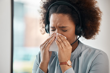 Image showing Consultant, sick woman and blowing nose in office for flu, allergies, and health risk in telemarketing agency. Face of female sales agent, call centre and tissue for virus, allergy and sneeze