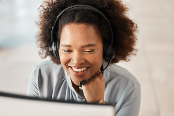 Image showing Call center, happy woman and computer for customer service, consulting or tech support in CRM agency. Face of female sales consultant, advisor or communication of telecom questions at help desk