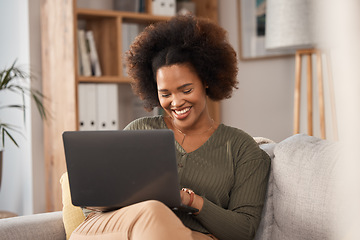 Image showing African woman, laptop and remote work in home, living room and download media subscription. Happy freelancer, computer technology and typing on internet website, online shopping and reading blog