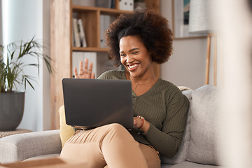 Image showing Happy woman, laptop and hello on video call, internet communication and voip chat in remote work. African person wave on computer for virtual conversation, contact or online networking at home