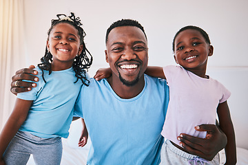 Image showing Portrait, father and children with a black family in the bedroom together for morning fun or bonding. Smile, love and kids at home with their happy male parent on a bed to relax for the weekend