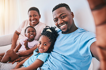 Image showing Selfie, black family and bond in a bed with smile, care and love together in their home. Portrait, memory and children with parents in bedroom hug and relax for a happy profile picture in a house