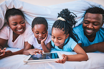 Image showing Happy, black family and tablet in bed for cartoon, learning or streaming a movie together. Education, relax and children with African parents and technology for games, internet or an app in a house