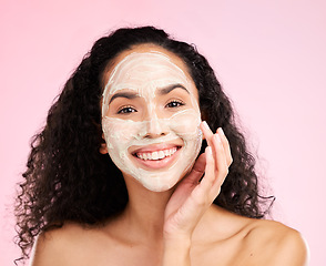 Image showing Skincare, facial and portrait of woman with smile in studio for wellness, spa treatment and detox mask. Dermatology, beauty and happy female person with cosmetics for hygiene, cleaning and face care