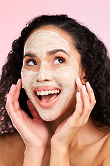 Image showing Skincare, facial and face of woman with mask for wellness, spa treatment and cosmetics in studio. Dermatology, salon aesthetic and female person for detox, hygiene and cleaning on pink background