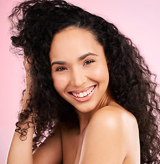 Image showing Skincare, beauty and portrait of happy woman in studio for wellness, facial treatment and cosmetics. Dermatology, spa and female person with healthy skin, glow and natural face on pink background