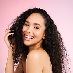 Image showing Happy, beauty and portrait of woman in studio for wellness, facial treatment and cosmetics. Dermatology, salon aesthetic and female person with skincare, glow and natural face on pink background