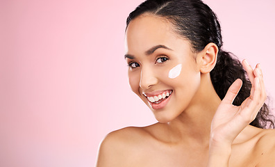 Image showing Skincare mockup, cream and portrait of woman in studio for wellness, spa treatment and cleaning. Dermatology, beauty and face of happy female person with cosmetics, moisturizer and anti aging lotion