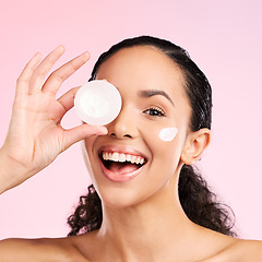 Image showing Cream, beauty and portrait of woman with jar for wellness, facial treatment and cosmetics in studio. Dermatology, spa and female person with moisturizer, anti aging lotion and face creme for skincare