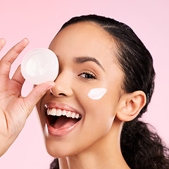 Image showing Skincare, cream jar and portrait of woman in studio for wellness, facial treatment and cosmetics. Dermatology, spa and face of happy female person with anti aging product, moisturizer and lotion