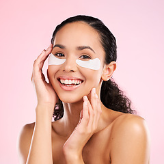 Image showing Face mask, eye patch and beauty of a woman with natural skin glow on a pink background. Dermatology, collagen and cosmetics portrait of female model for facial shine, wellness or self care in studio