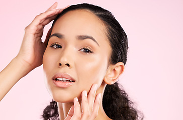 Image showing Skincare, beauty and portrait of woman in studio for wellness, facial treatment and cosmetics. Dermatology, spa aesthetic and female person with healthy skin, glow and natural face on pink background