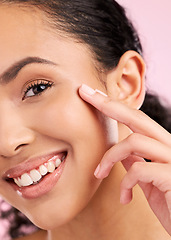 Image showing Skincare, beauty and closeup portrait of woman in studio for wellness, facial treatment and cosmetics. Dermatology, spa and female person with healthy skin, glow and natural face on pink background