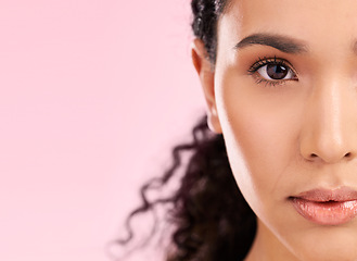 Image showing Skincare, beauty and half portrait of woman in studio for wellness, facial treatment and cosmetics. Dermatology, salon and female person with healthy skin, glow and natural face with mockup space