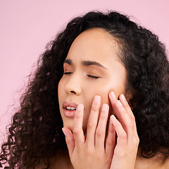 Image showing Skincare, woman and squeeze pimple with natural beauty in pink studio background. Blackhead, face and girl with acne or dermatology problem with cosmetic for treatment and self care for wellness.