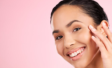 Image showing Skincare mockup, beauty and portrait of woman in studio for wellness, facial treatment and cosmetics. Dermatology, spa and female person touching face for health, glow and shine on pink background