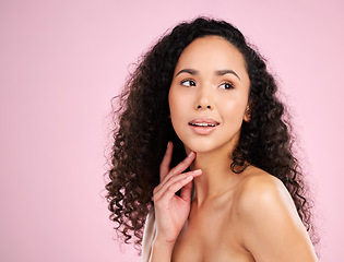 Image showing Skincare, beauty and glow on african girl with body in studio or pink background for spa treatment. Haircare, natural curly and face with female person for healthy shine for dermatology or cosmetics.