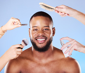 Image showing Self care, beauty and portrait of a man with products in a studio for natural, face and grooming routine. Skincare, wellness and young male model with health and hygiene treatment by blue background.