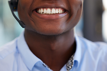 Image showing Customer service smile, call center and mouth of person consulting on contact us CRM, headset microphone or telecom. Help desk consultation, closeup or telemarketing consultant happy for tech support