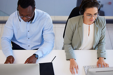 Image showing Customer support, call center computer or diversity business people consulting on help desk consultation service. Networking communication, telemarketing and top view of team typing insurance advice