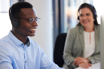 Image showing Customer service, callcenter or happy people, black man or business agent consulting on help desk consultation. Networking communication, diversity or telemarketing team smile for sales pitch success