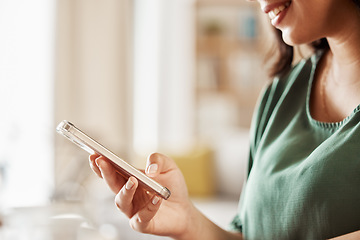 Image showing Woman, hands and typing with phone on social media, reading notification and online networking. Closeup of female person, smartphone and app user download mobile games, search digital tech or contact