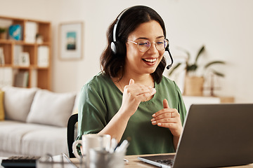 Image showing Home customer support, laptop video call and happy woman explain insurance service, telecom or sales in webinar. Freelance remote work, online conference or person consulting on networking connection