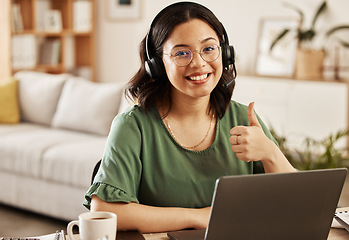 Image showing Remote work, portrait and woman with thumbs up at home with laptop and success from job. Crm worker, female person and computer in house with smile from digital telemarketing at desk with motivation