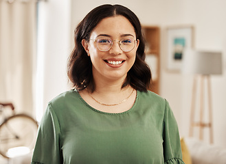 Image showing Happy, home and portrait of relax woman with eye care glasses, lens frame or smile for weekend free time. Happiness, eyeglasses and face of young person in apartment living room with positive mindset