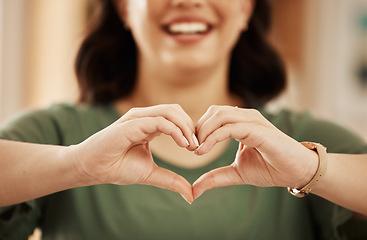 Image showing Happy, heart and love with hands of woman for support, kindness and motivation. Health symbol, peace and thank you with closeup of person and emoji sign at home for vote, hope and like icon