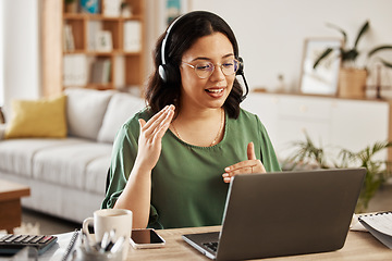 Image showing Home customer support, laptop video call and woman explain consultation, ecommerce or sales pitch in webinar. Freelance, remote work receptionist or person consulting on online conference discussion