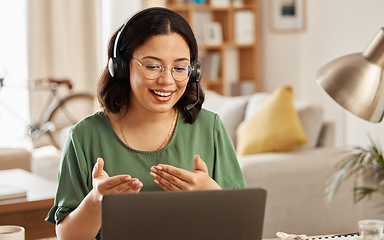 Image showing Home customer support, laptop video call and woman smile, talking and explain consultation, ecommerce or networking. Freelance, remote work secretary and person chat on online conference conversation