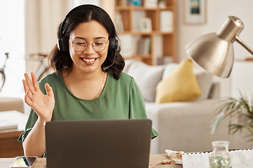 Image showing Home customer service, laptop video call and woman smile, wave hello and greeting on freelance web conference. Telemarketing, remote work connection and happy person consulting on tech support advice