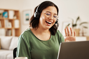 Image showing Home customer service, laptop video call and happy woman wave hello on freelance online conference communication. Telemarketing, remote work or person talking on tech support, help desk or webinar