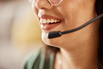 Image showing Customer support, microphone headset and mouth of happy woman consulting, networking and chat on telecom service. Call center communication, contact us and closeup person talking on loan sales pitch