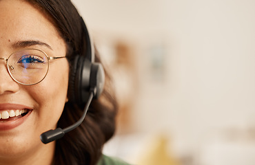 Image showing Customer support communication, home portrait and happy woman consulting on microphone, headset or telecom mockup. Freelance, remote work space and half face of closeup person on consultation service