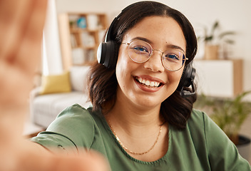 Image showing Woman, call center and selfie portrait for smile, post or work from home office with headphones, mic or blog. Influencer girl, telemarketing agent or happy crm for memory, social media or photography